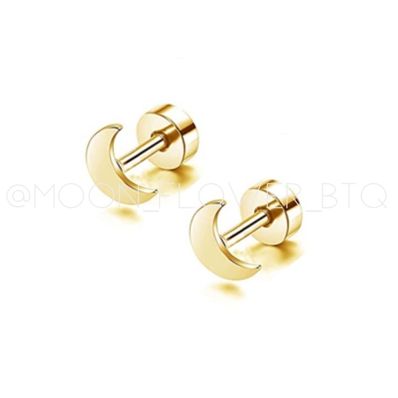 MoonFlowerBtq Jewelry - Tiny Gold Crescent Moon Flat Back Stud Earrings – 18k GP Surgical Steel